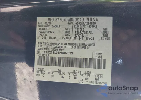 2001 Ford F-150 Lariat/Xl/Xlt z USA, uszkodzony, nr VIN 1FTRX18L01NA07333